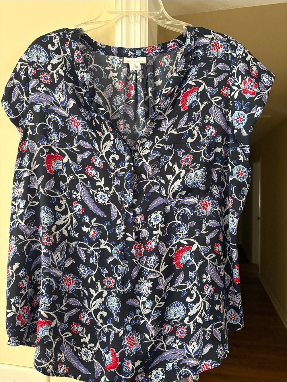 Floral V-Neck Cap Sleeve Top - Navy with Red & Blue Floral Print - Liz Claiborne